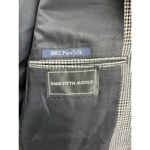 Burberry Saks Fifth Avenue Blazer Black White Plaid Houndstooth Pure Silk VTG - Picture 6 of 13